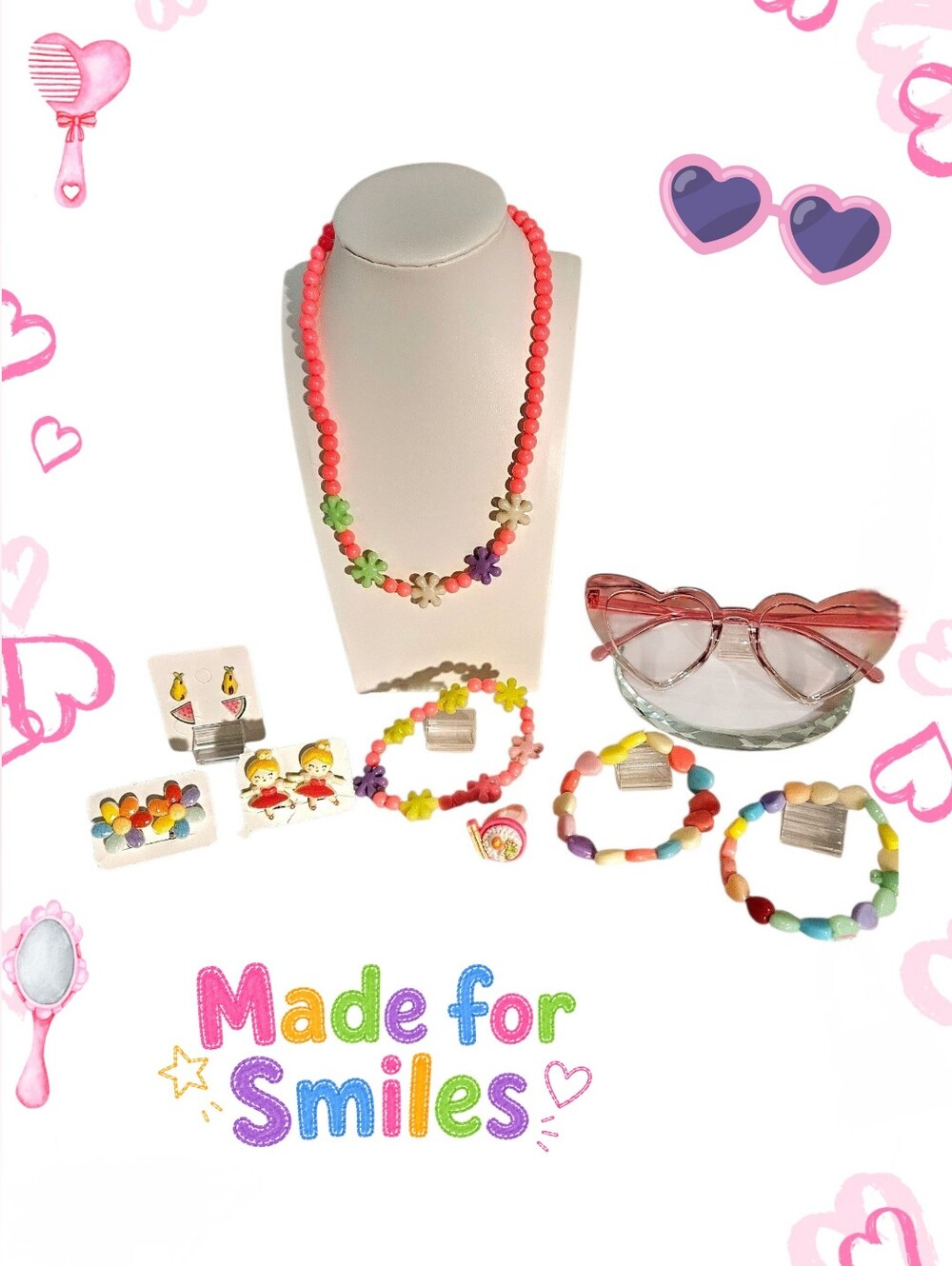 Hearts And Flowers Girl's Pink, Yellow, Green & Purple Jewelry Bundle (10 ITEMS)